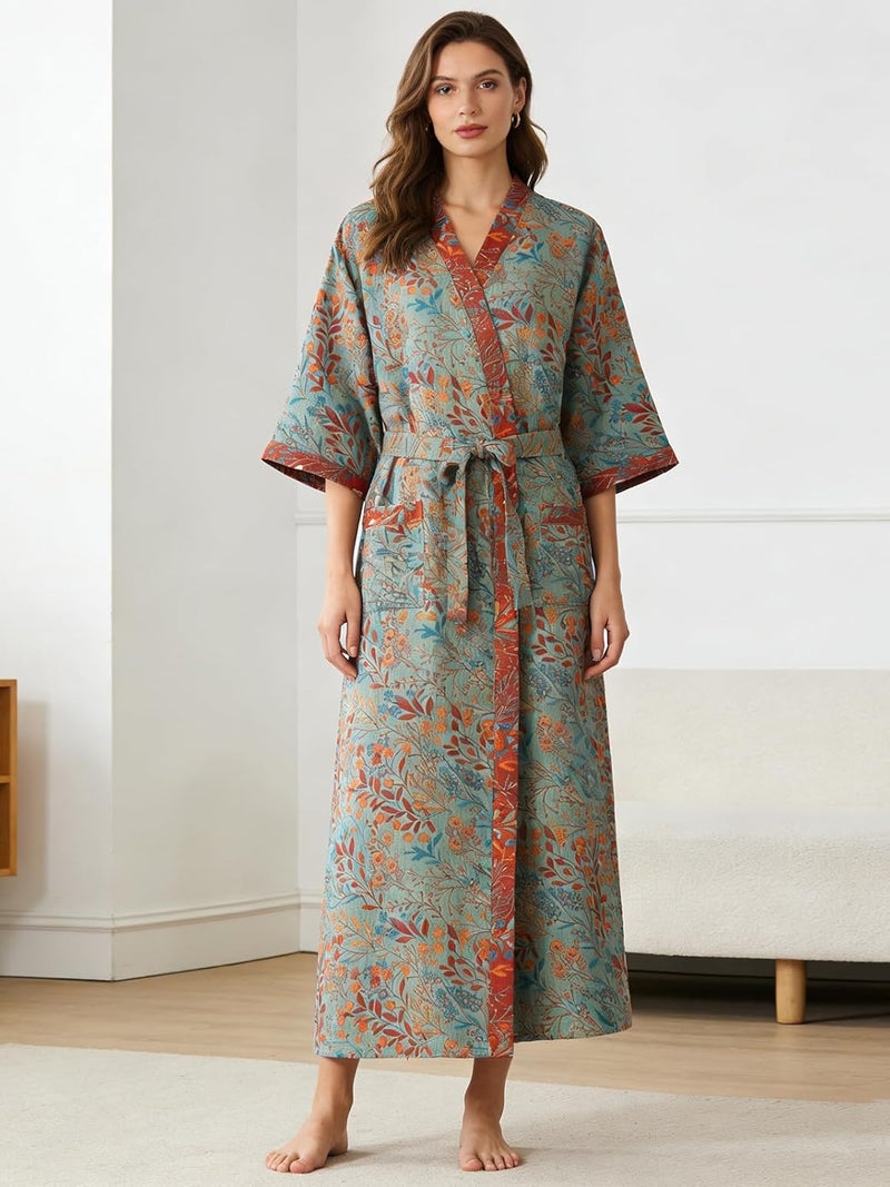 ENGLUCK Store Cotton Gauze Robe for Wome Plus Size Kimono Robe Muslin Bathrobe with Belt Pocket Loungewear Yukata Sleepwear - Image 2